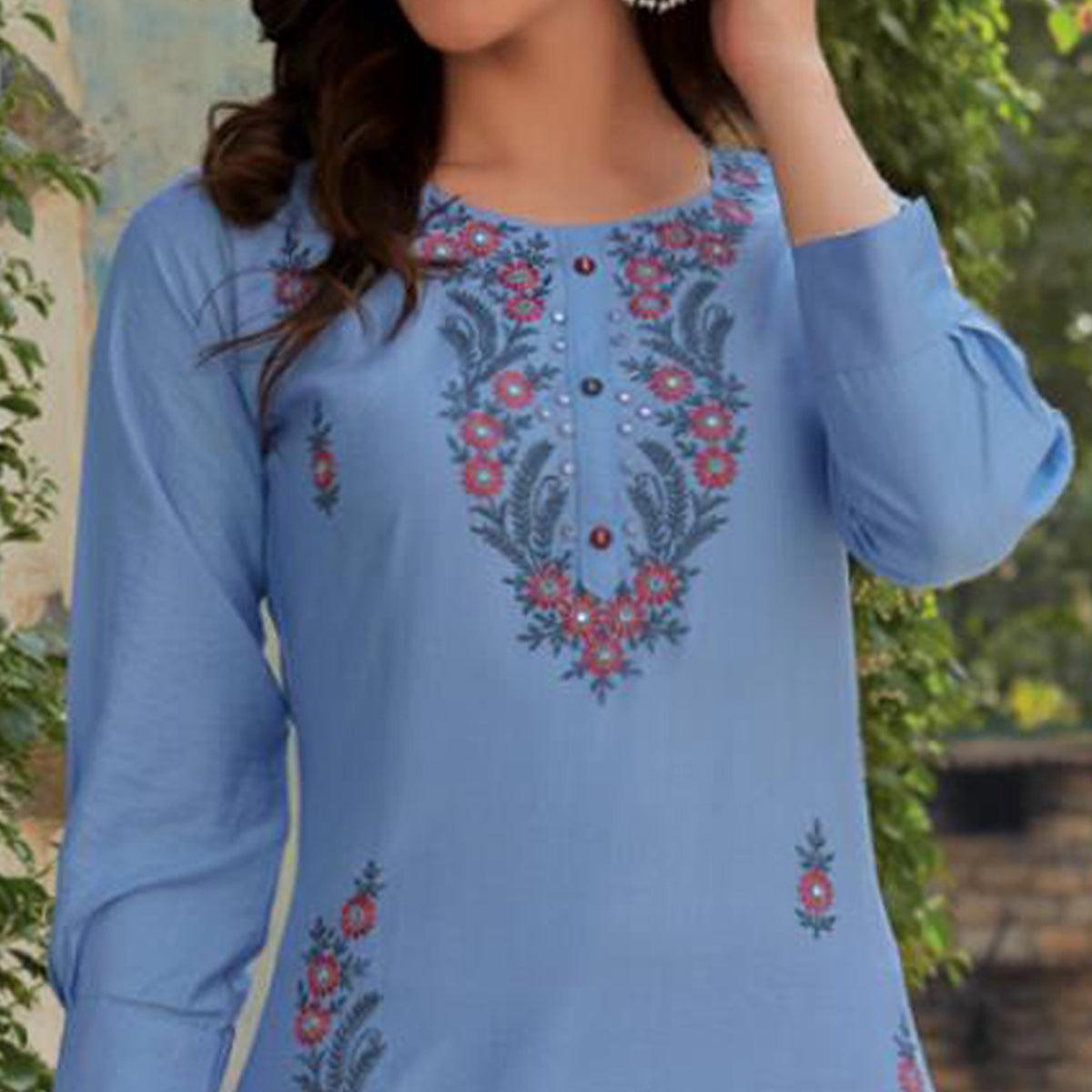 Blue Embroidered Cotton Silk Kurti - Peachmode