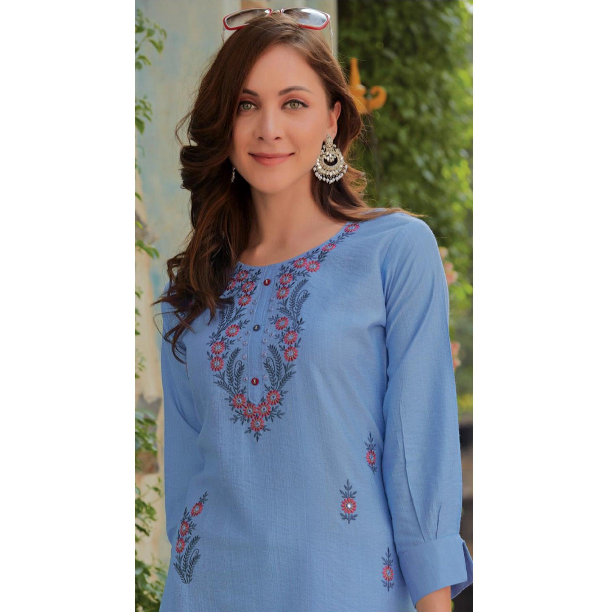 Blue Embroidered Cotton Silk Kurti - Peachmode