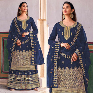 Blue Embroidered Dola Silk Palazzo Suit - Peachmode
