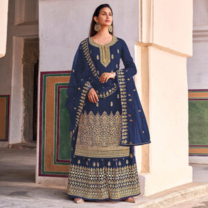 Blue Embroidered Dola Silk Palazzo Suit - Peachmode