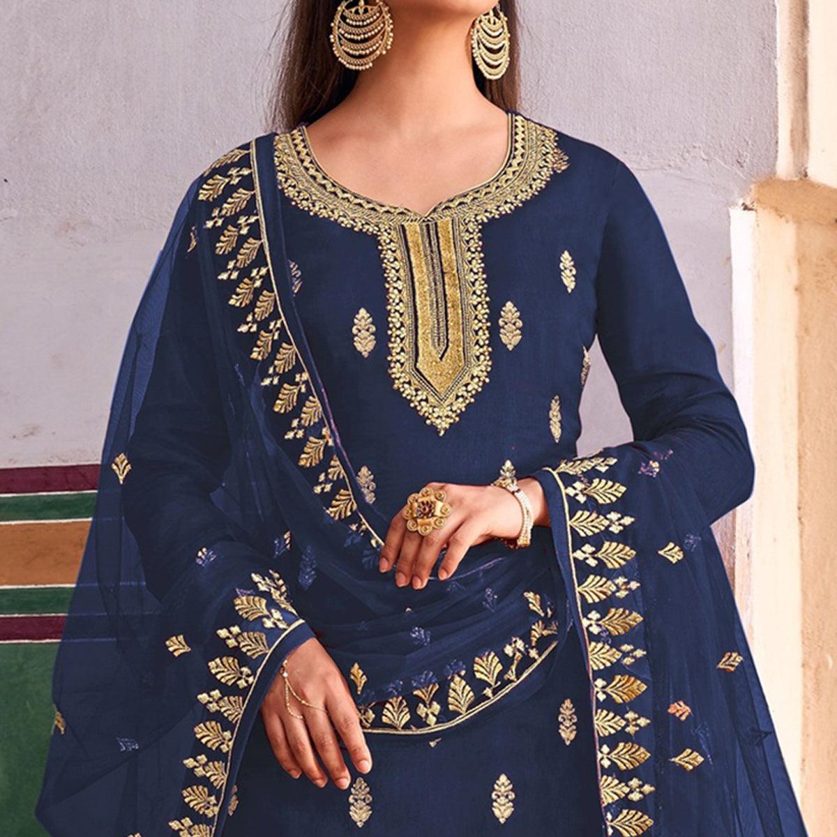 Blue Embroidered Dola Silk Palazzo Suit - Peachmode
