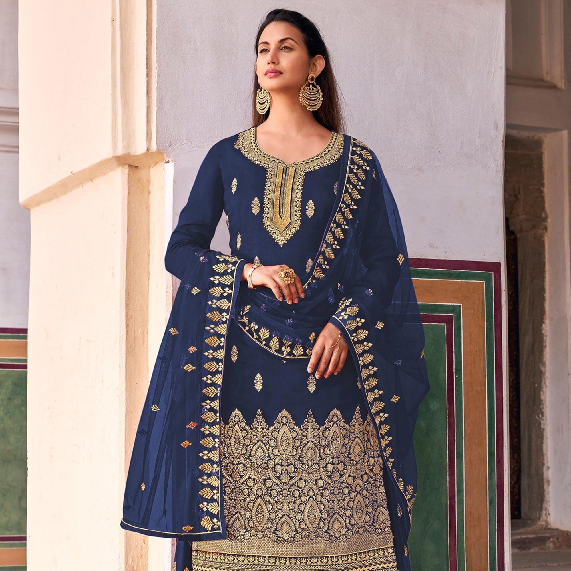 Blue Embroidered Dola Silk Palazzo Suit - Peachmode
