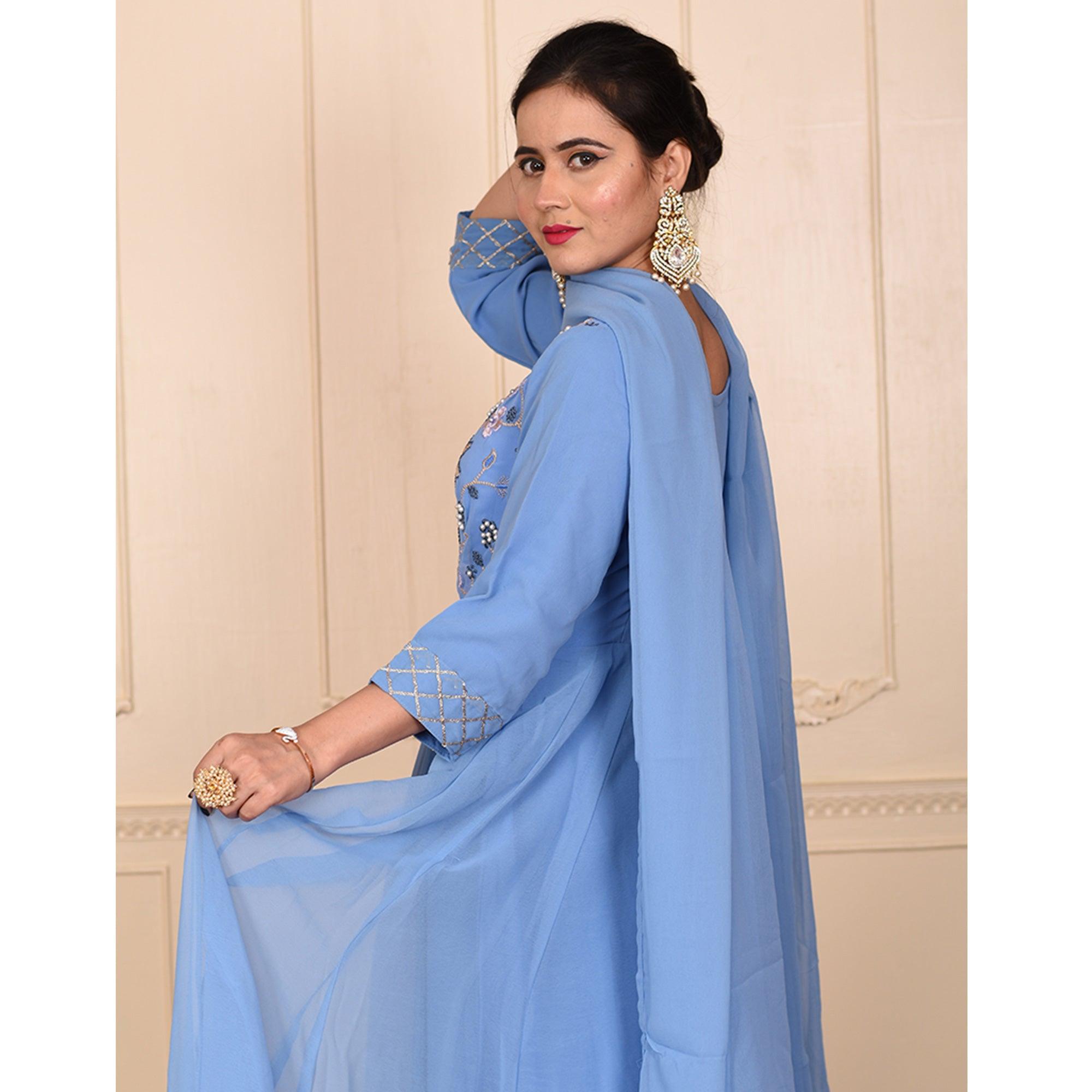Blue Embroidered Georgette Gown With Dupatta - Peachmode