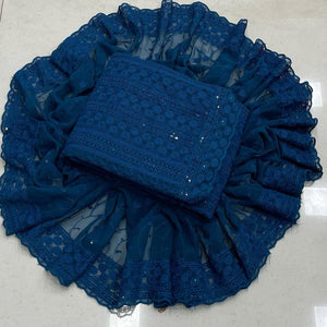 Blue Embroidered Georgette Lucknowi Suit - Peachmode
