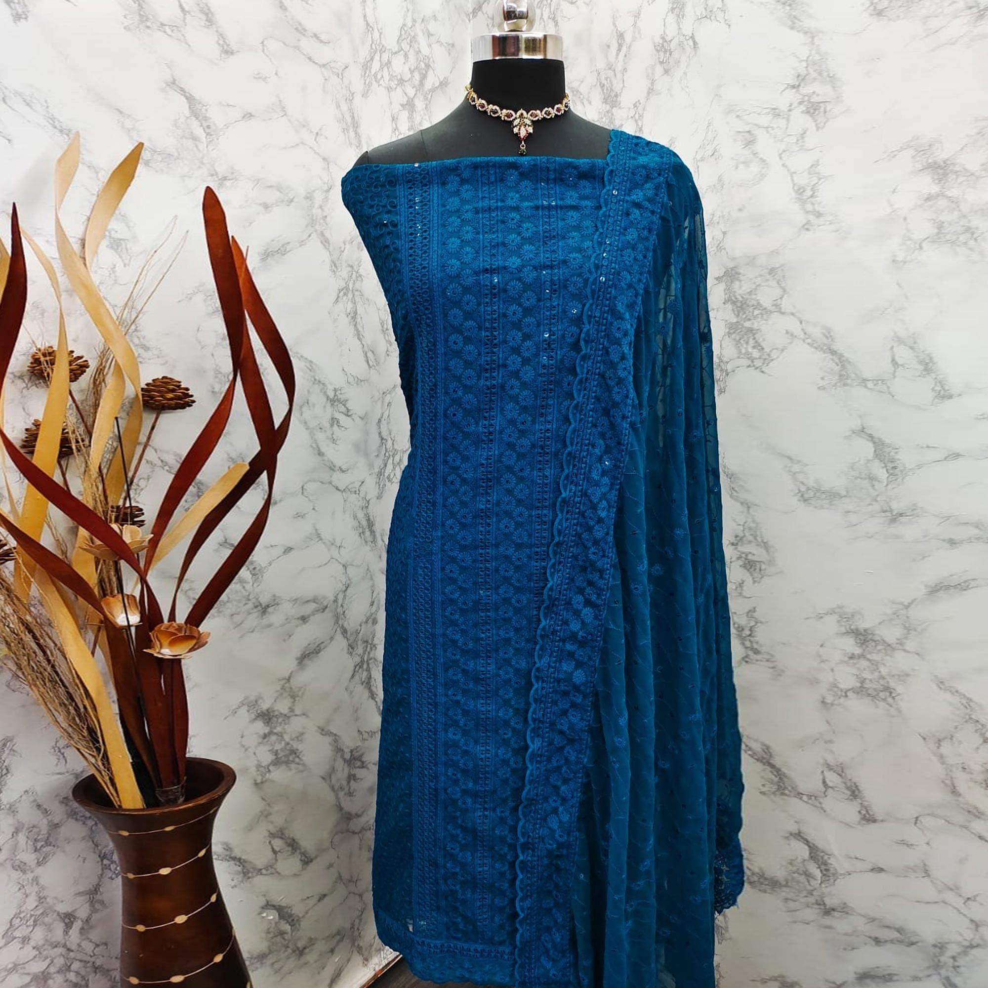 Blue Embroidered Georgette Lucknowi Suit - Peachmode