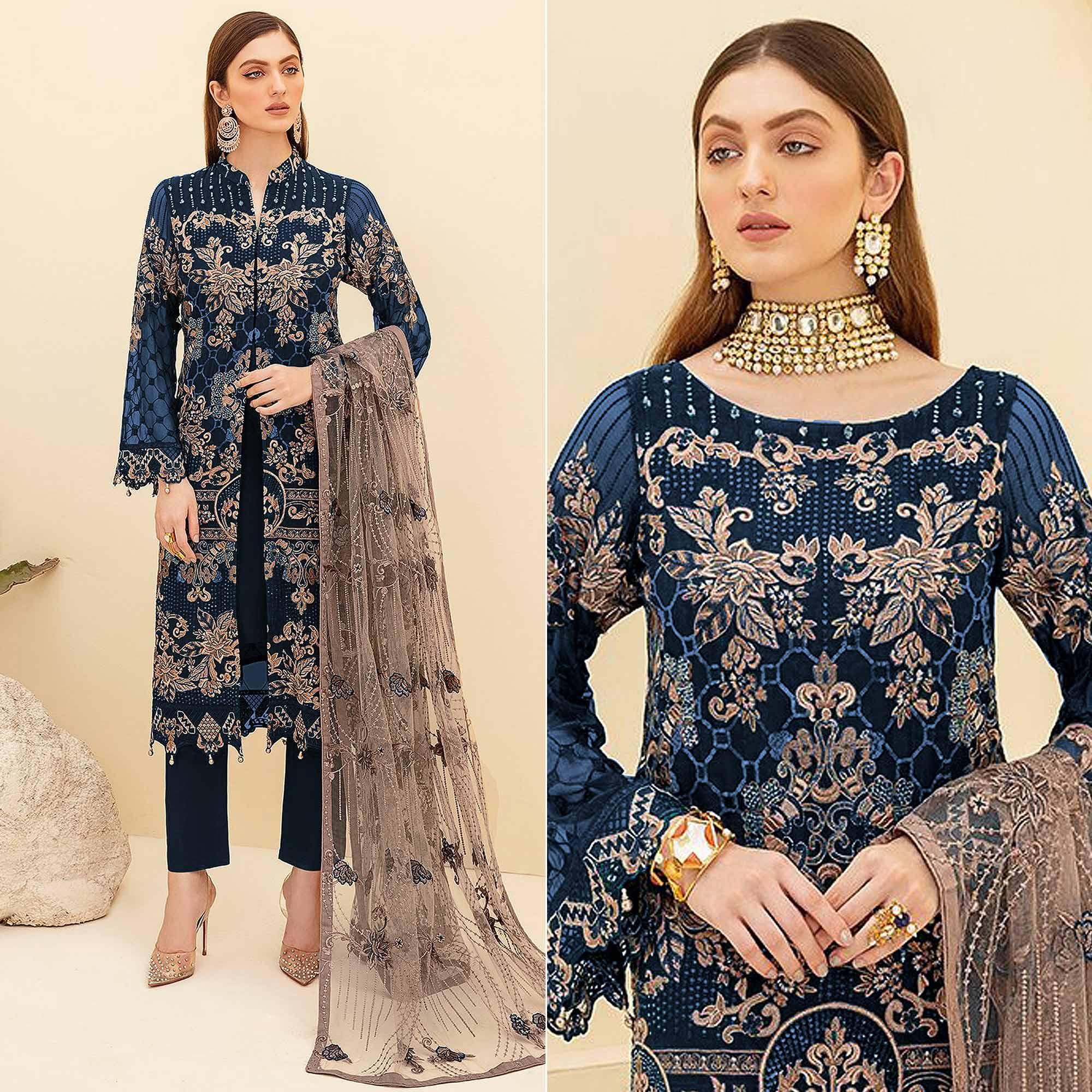 Blue Embroidered Georgette Pakistani Suit - Peachmode