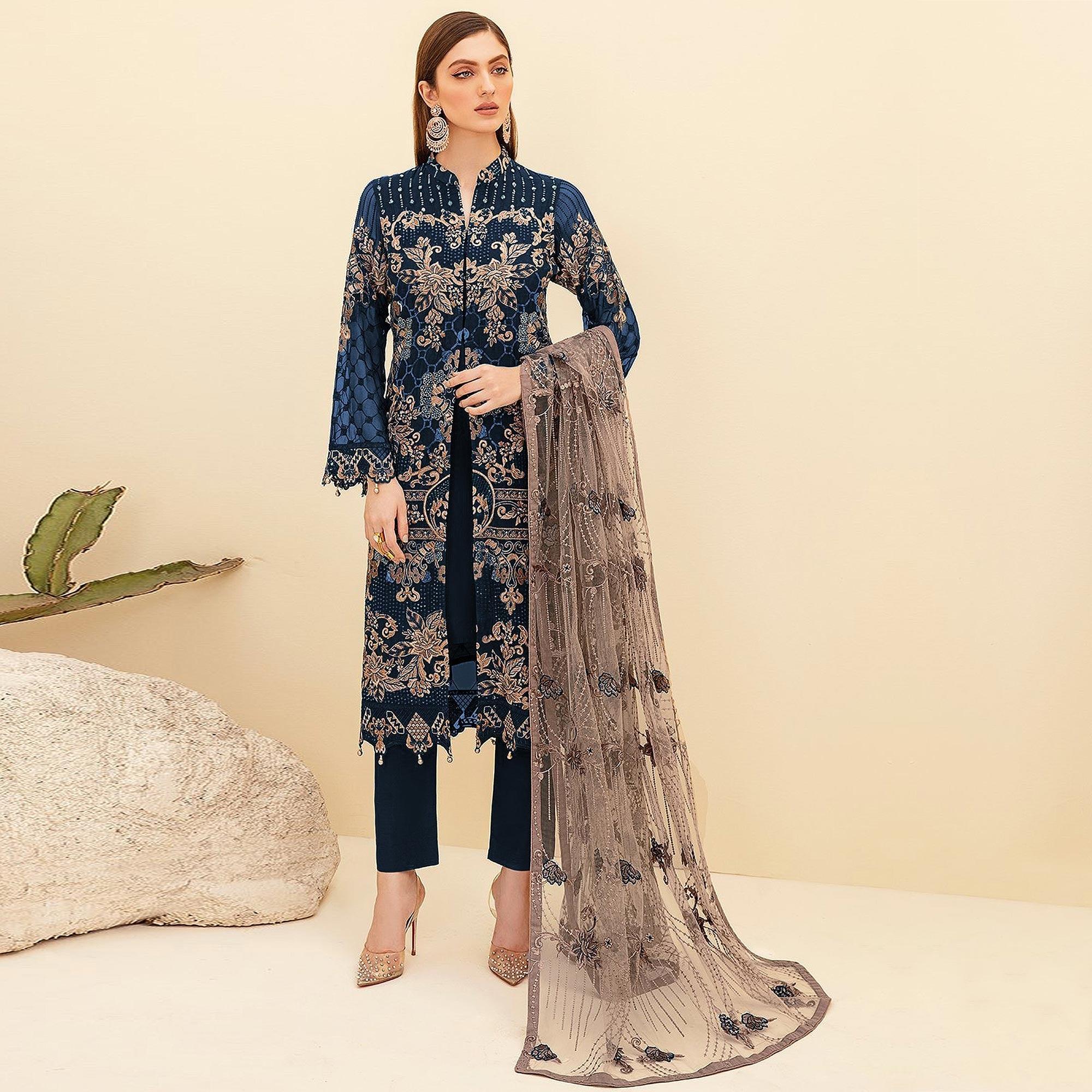 Blue Embroidered Georgette Pakistani Suit - Peachmode