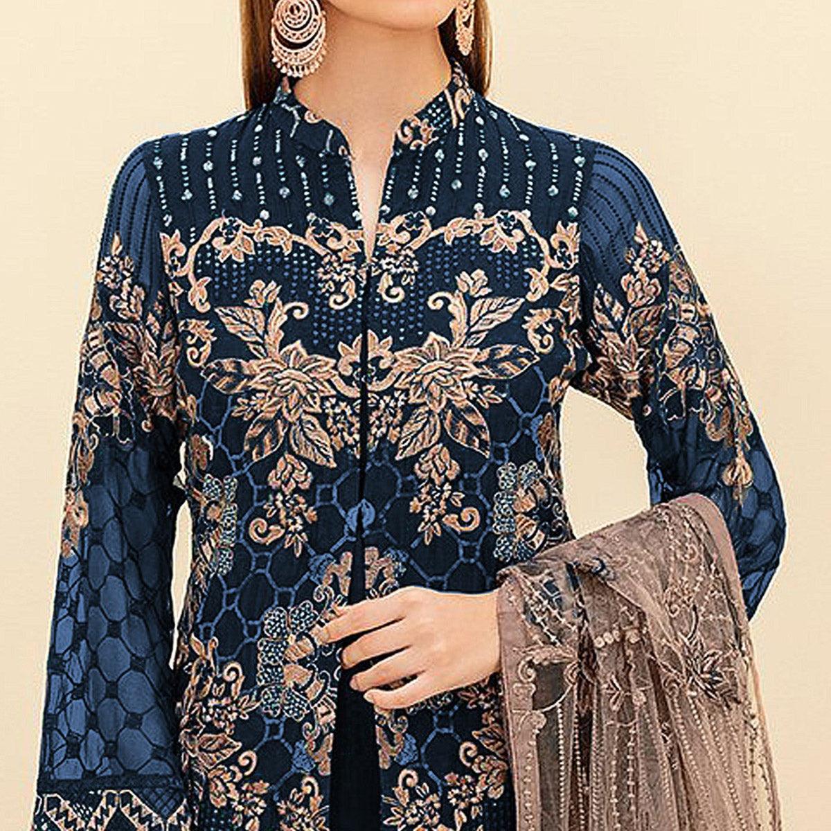 Blue Embroidered Georgette Pakistani Suit - Peachmode