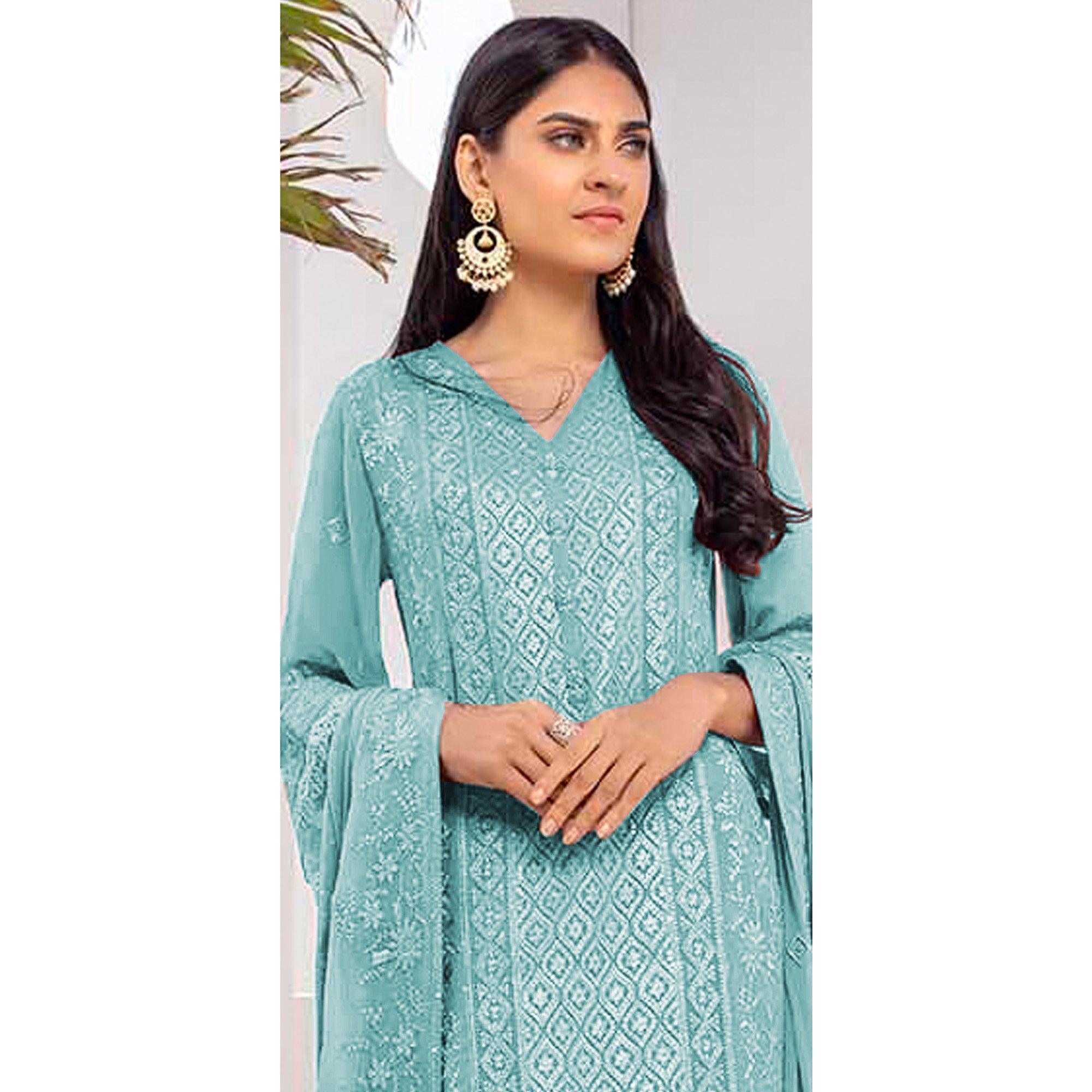 Blue Embroidered Georgette Pakistani Suit - Peachmode