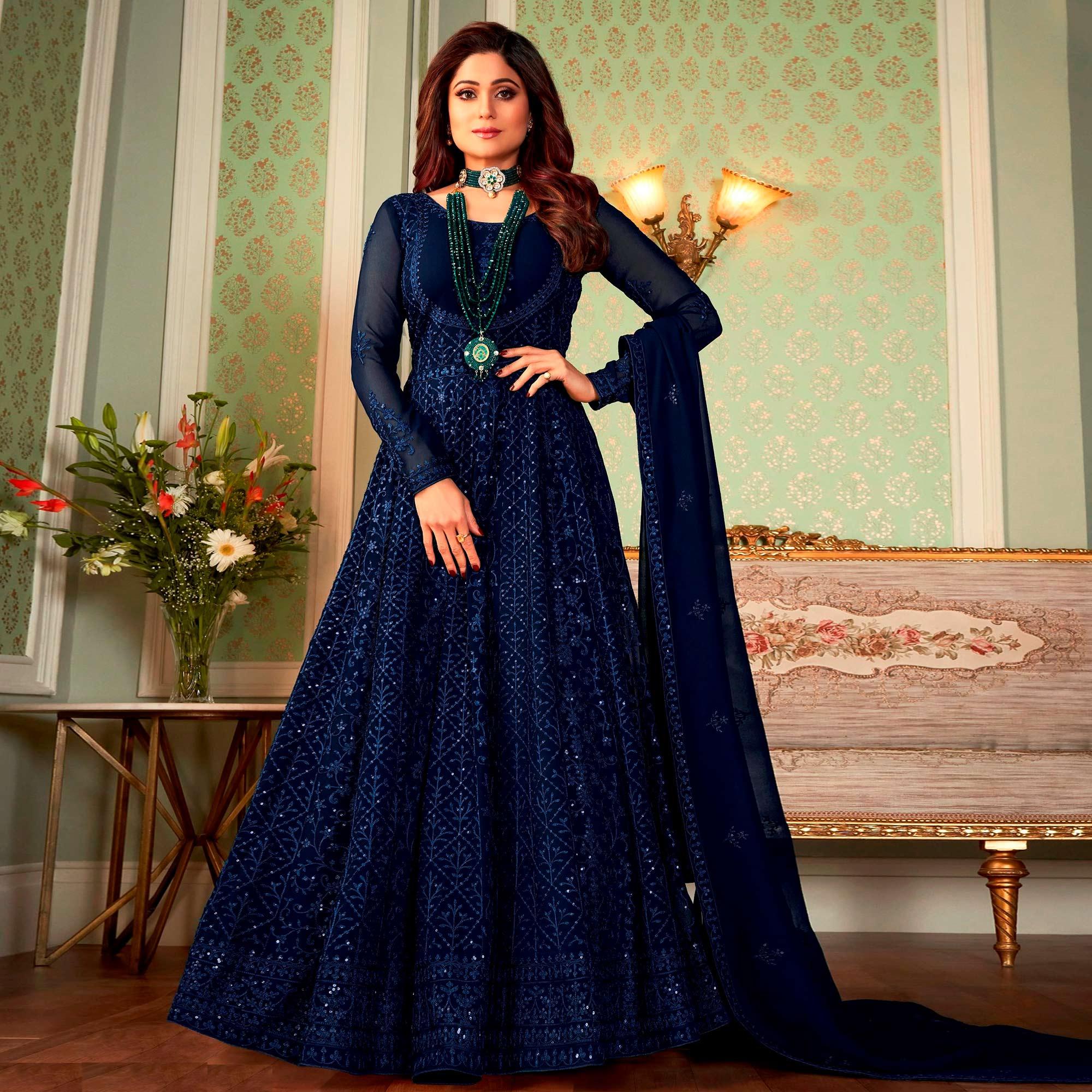 Blue Embroidered Georgette Partywear Gown - Peachmode