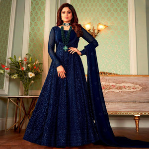 Blue Embroidered Georgette Partywear Gown - Peachmode