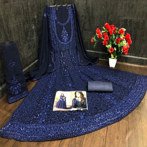 Blue Embroidered Georgette Partywear Gown - Peachmode