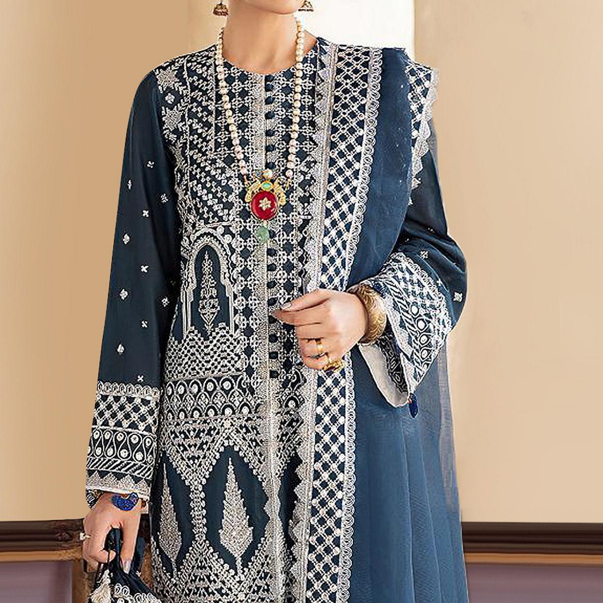Blue Embroidered Georgette Partywear Pakistani Suit - Peachmode
