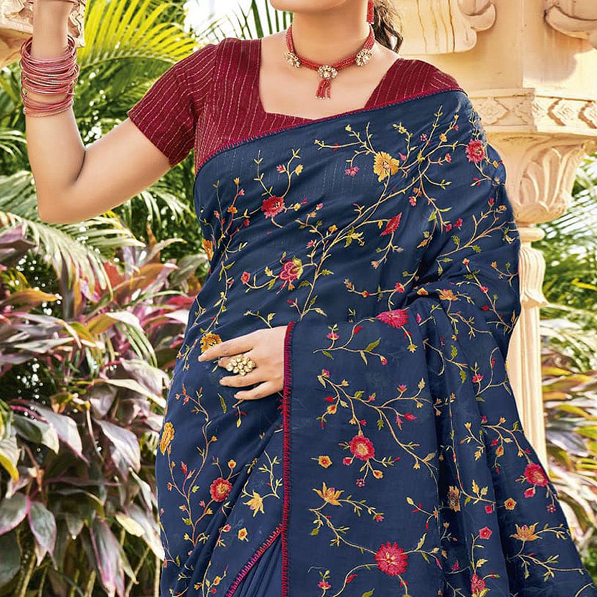 Blue Embroidered Georgette Saree - Peachmode