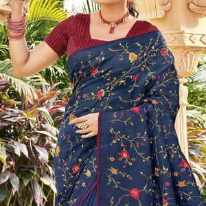 Blue Embroidered Georgette Saree - Peachmode