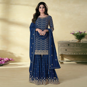 Blue Embroidered Georgette Sharara Suit - Peachmode