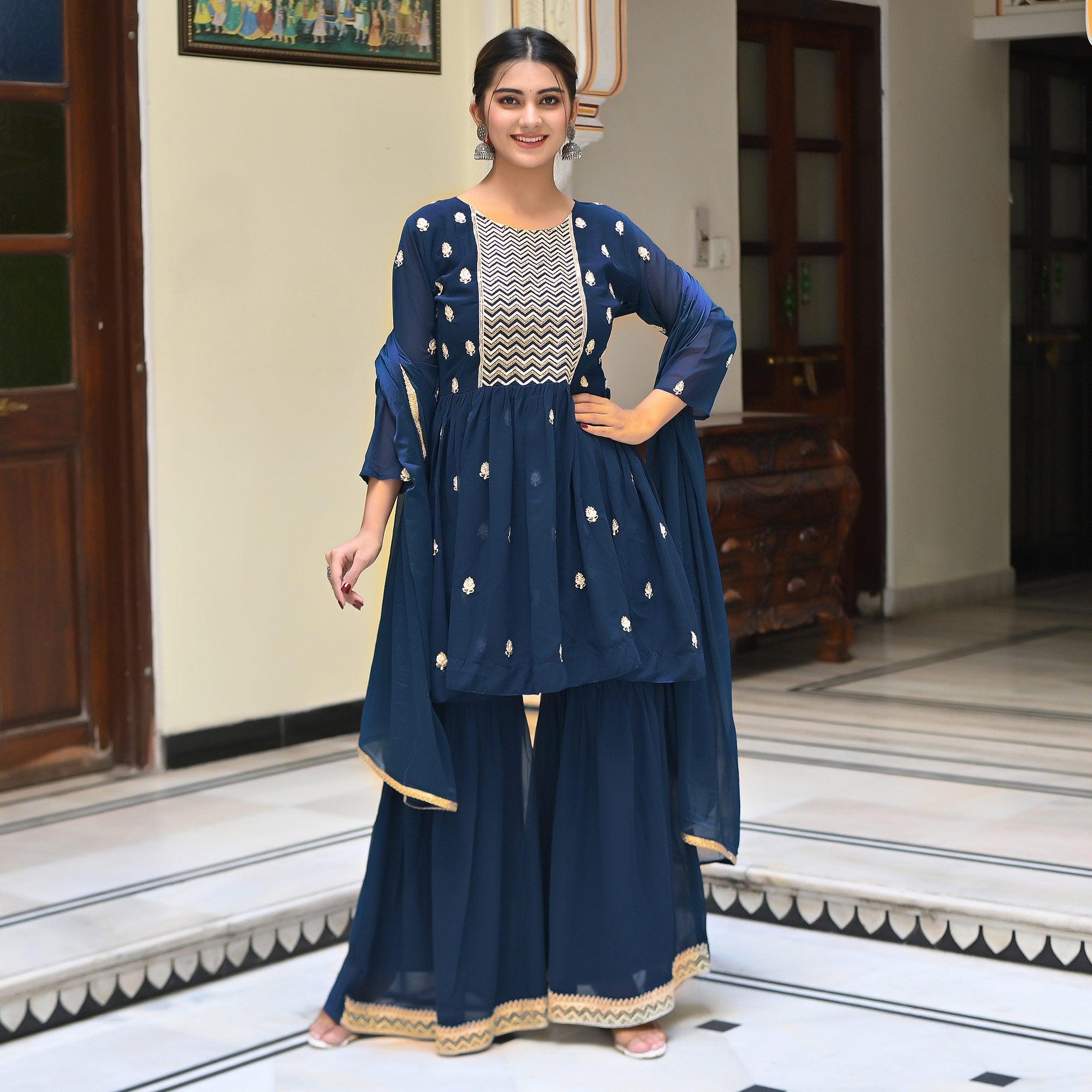 Blue Embroidered Georgette Sharara Suit - Peachmode