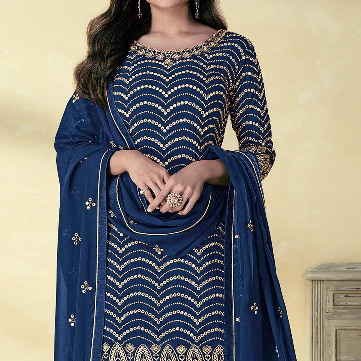Blue Embroidered Georgette Sharara Suit - Peachmode
