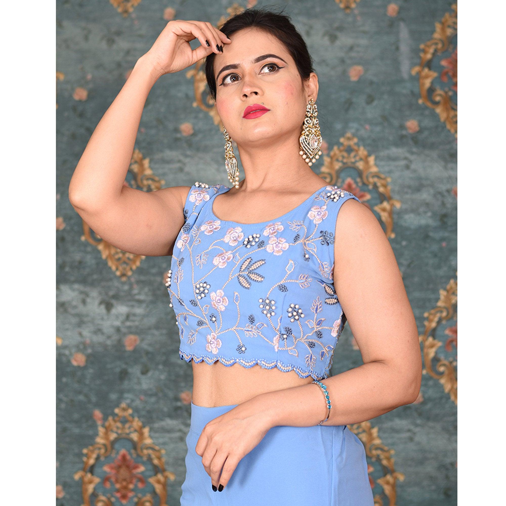 Blue Embroidered Georgette Sharara Suit - Peachmode