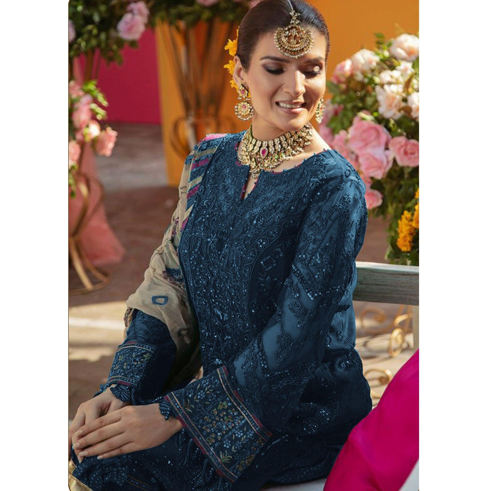 Blue Embroidered Georgette Suit - Peachmode