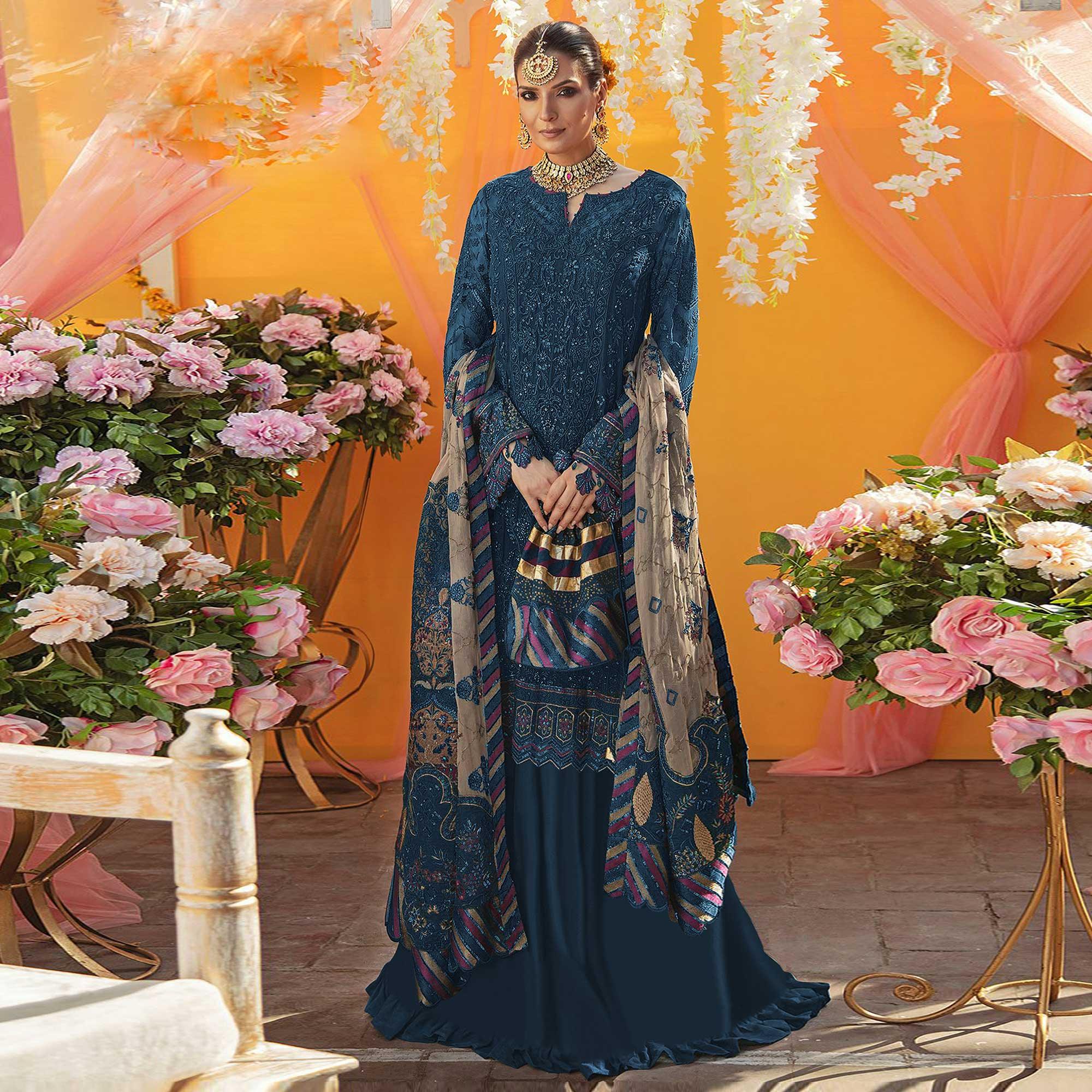 Blue Embroidered Georgette Suit - Peachmode