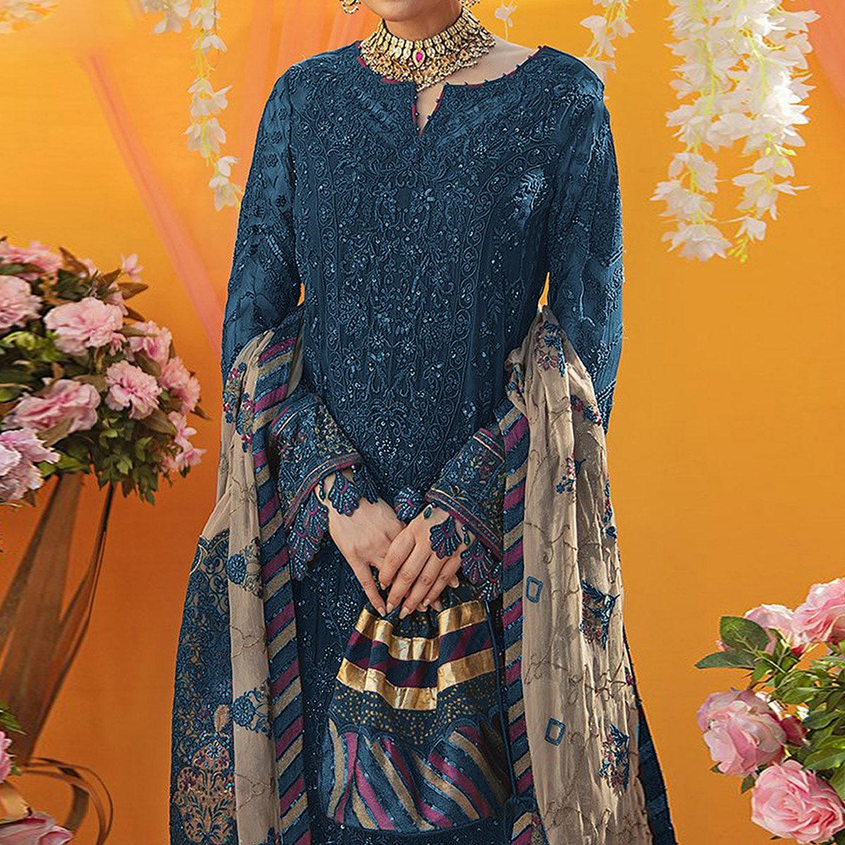 Blue Embroidered Georgette Suit - Peachmode
