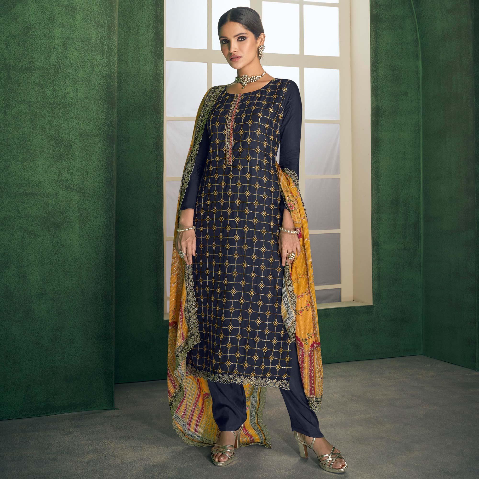 Blue Embroidered Heavy Faux Georgette Partywear Suit - Peachmode