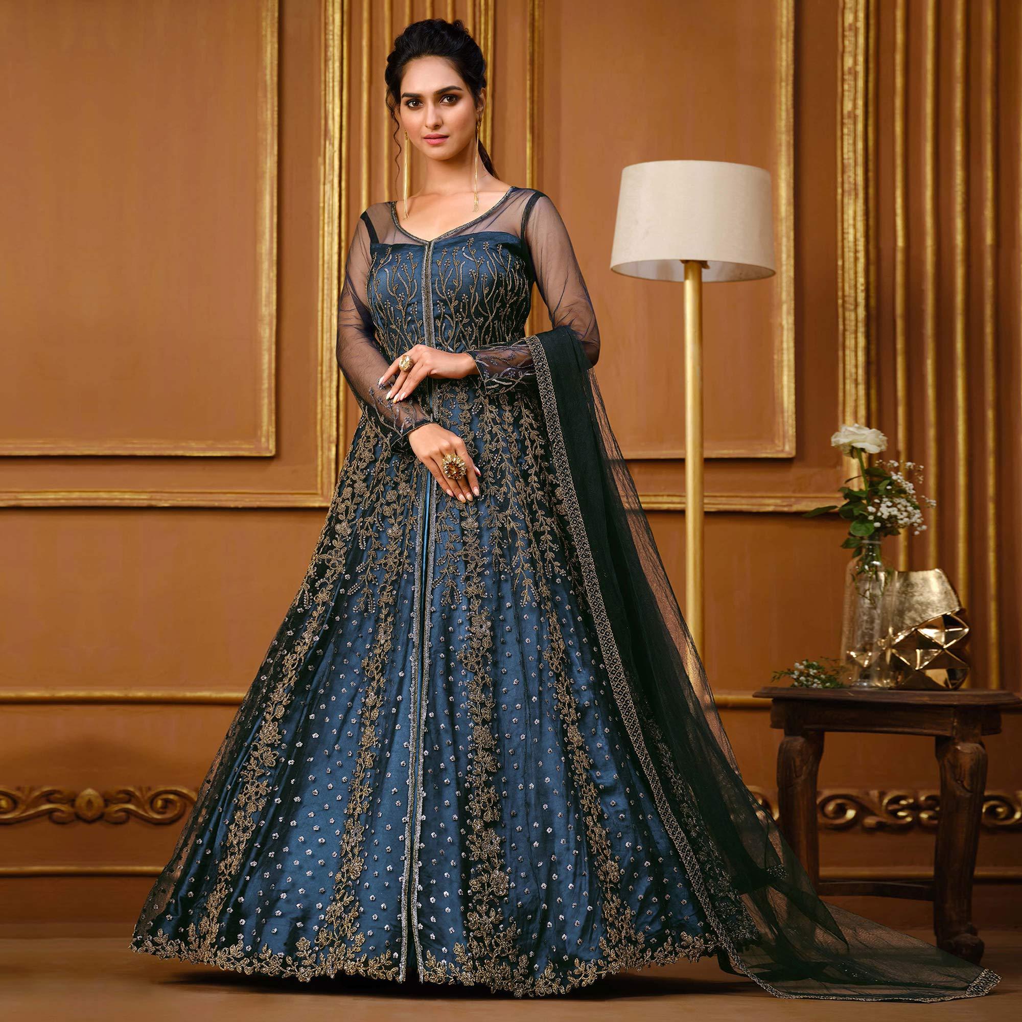 Blue Embroidered Netted Style Gown - Peachmode