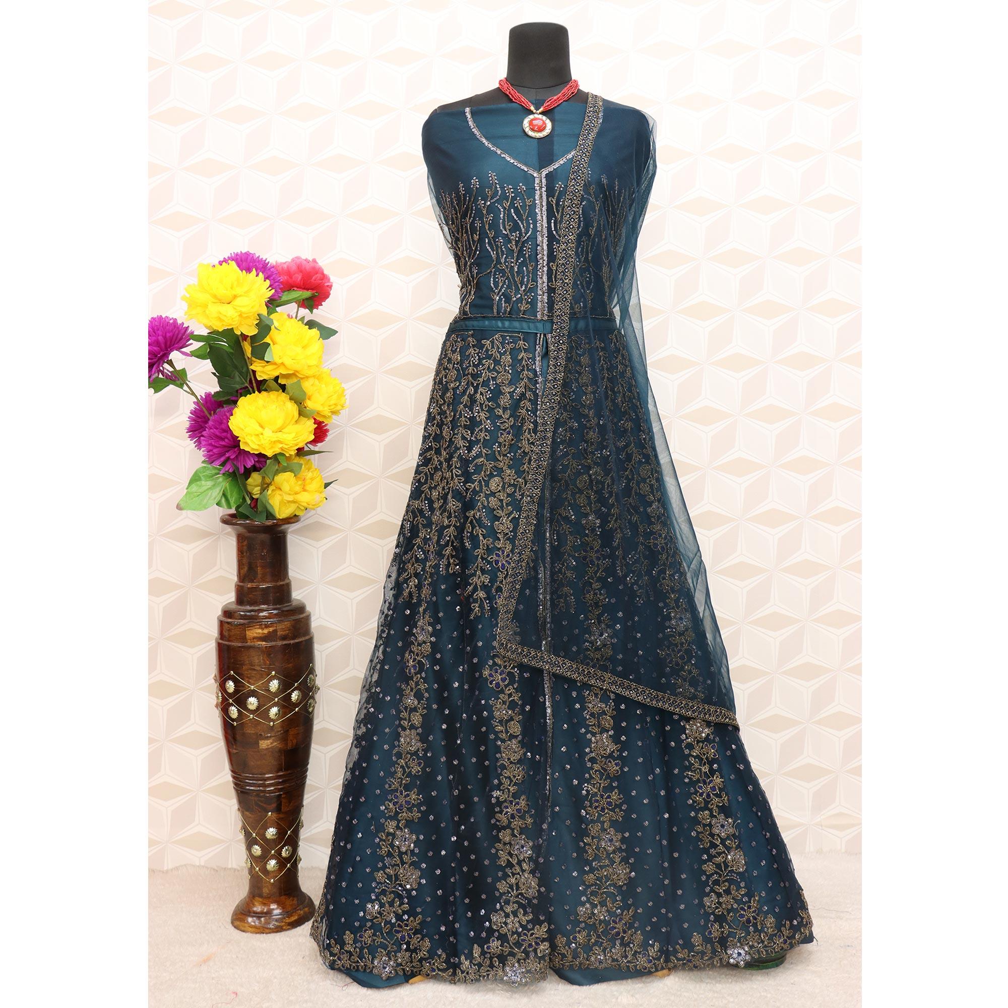 Blue Embroidered Netted Style Gown - Peachmode