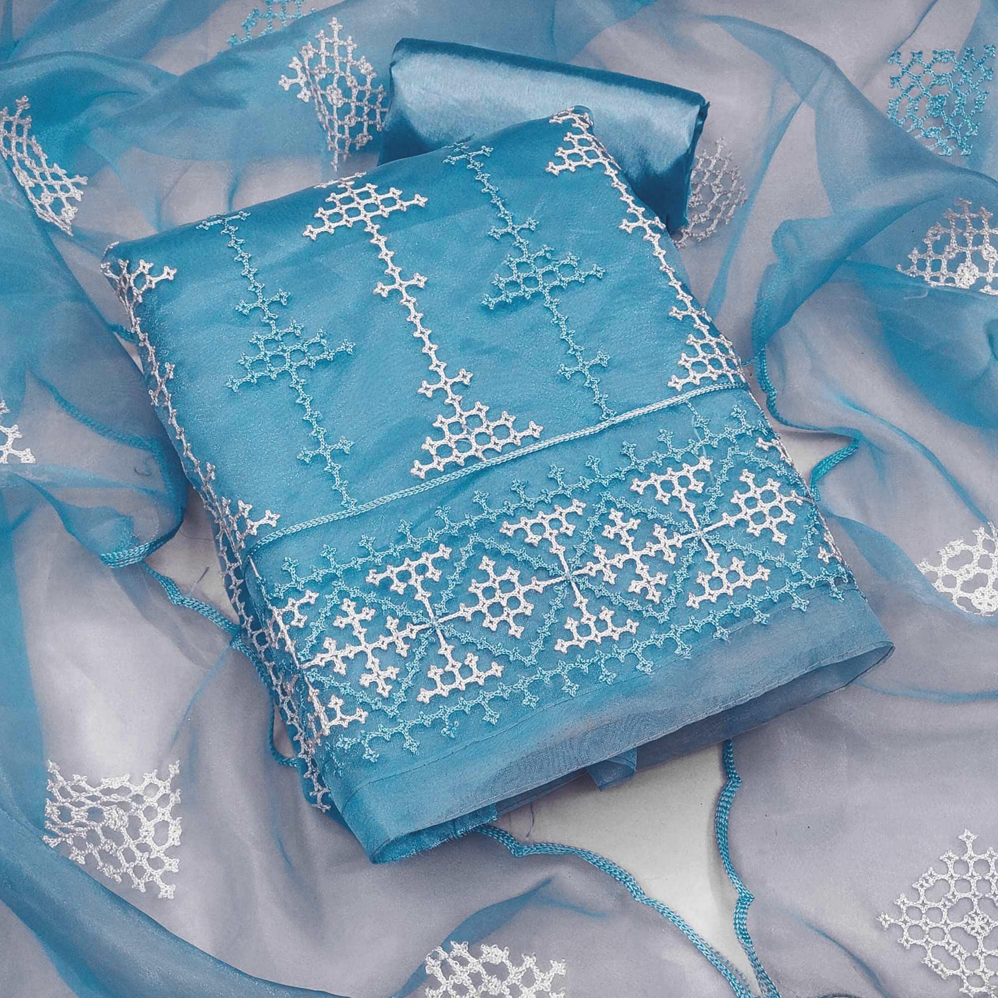 Blue Embroidered Organza Dress Material - Peachmode