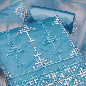 Blue Embroidered Organza Dress Material - Peachmode