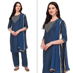 Blue Embroidered Poly Cotton Kurti Pant Set With Dupatta - Peachmode