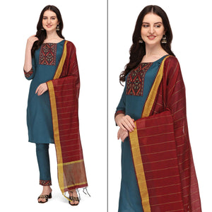 Blue Embroidered Poly Cotton Kurti Pant Set With Dupatta - Peachmode
