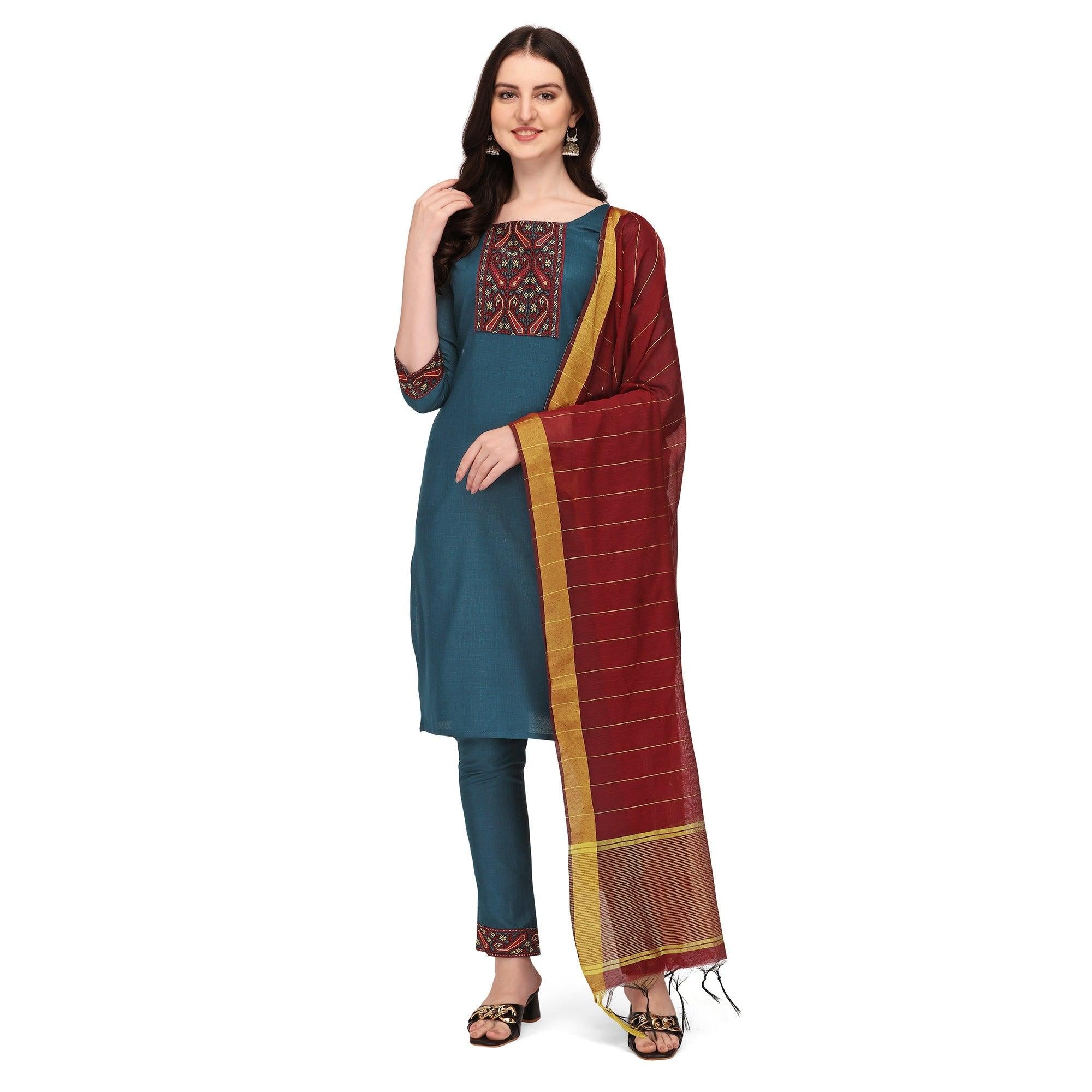 Blue Embroidered Poly Cotton Kurti Pant Set With Dupatta - Peachmode