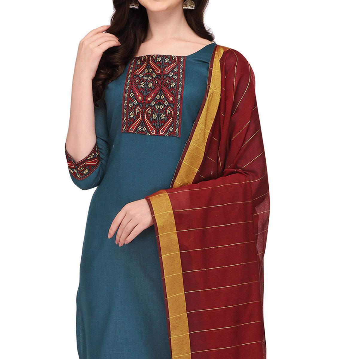 Blue Embroidered Poly Cotton Kurti Pant Set With Dupatta - Peachmode