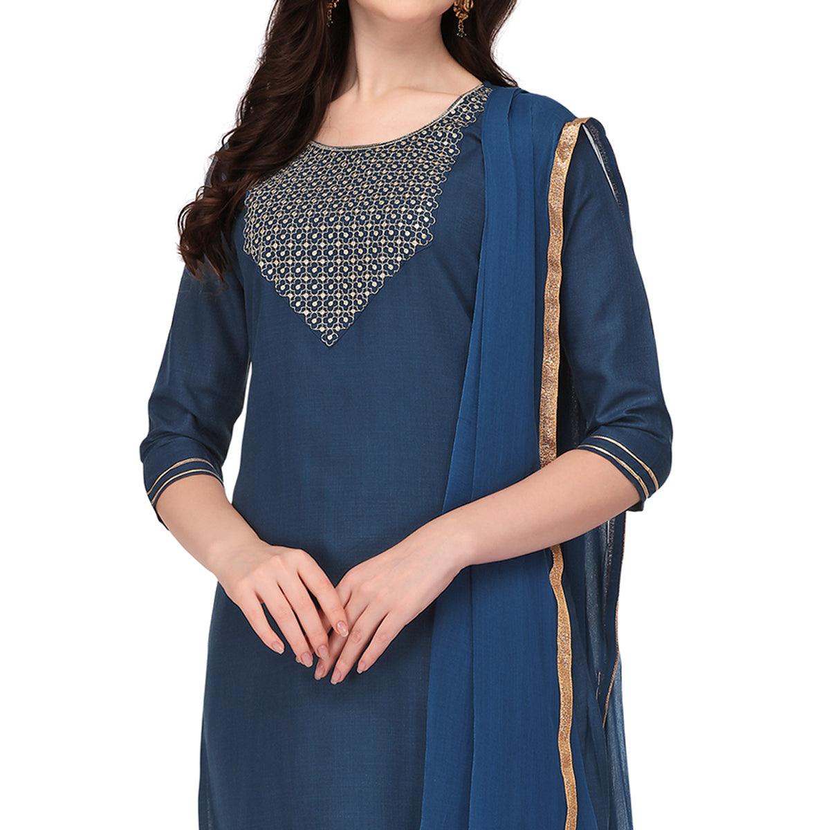 Blue Embroidered Poly Cotton Kurti Pant Set With Dupatta - Peachmode