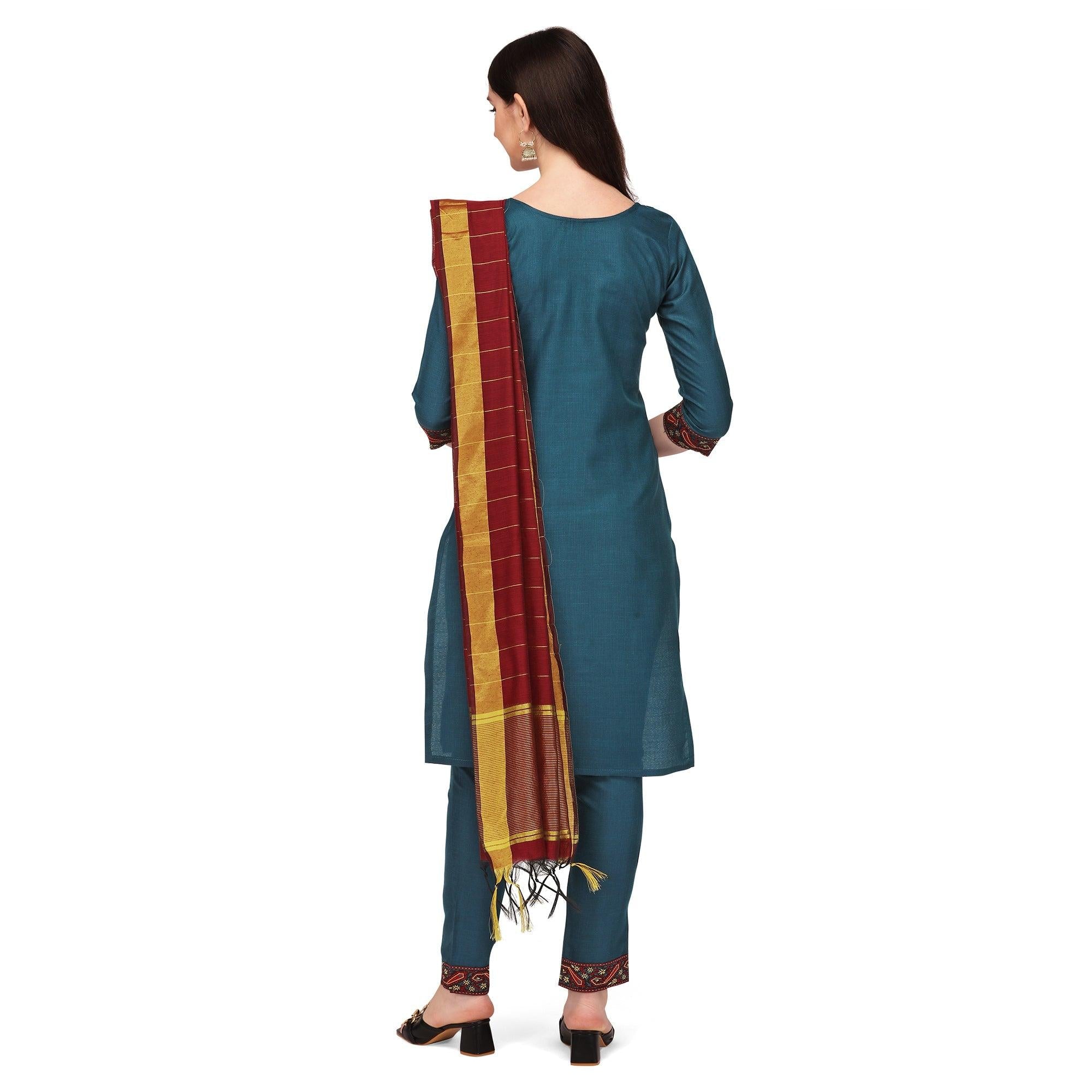 Blue Embroidered Poly Cotton Kurti Pant Set With Dupatta - Peachmode