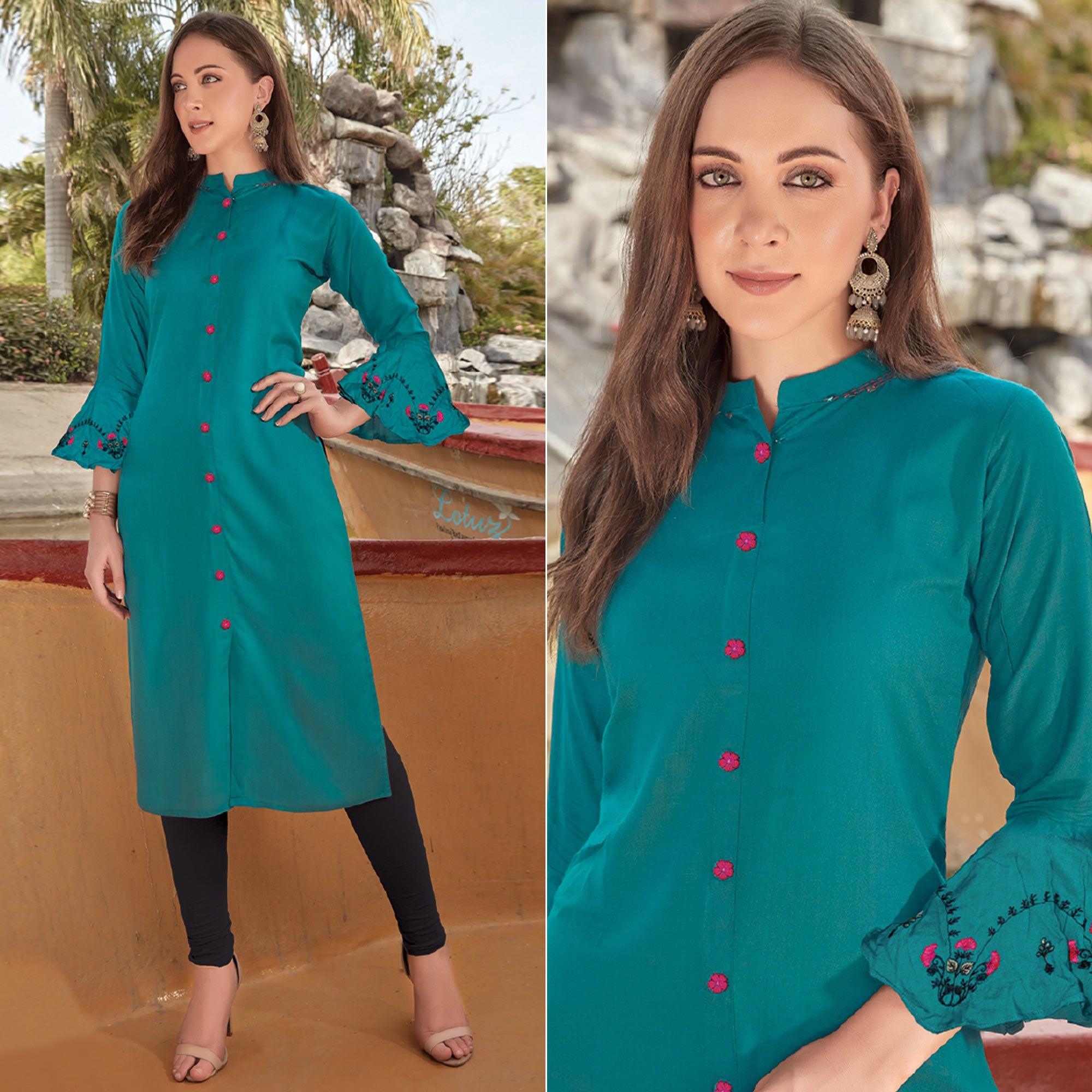 Blue Embroidered Poly Cotton Kurti - Peachmode