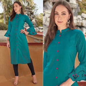 Blue Embroidered Poly Cotton Kurti - Peachmode