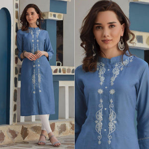 Blue Embroidered Poly Cotton Kurti - Peachmode