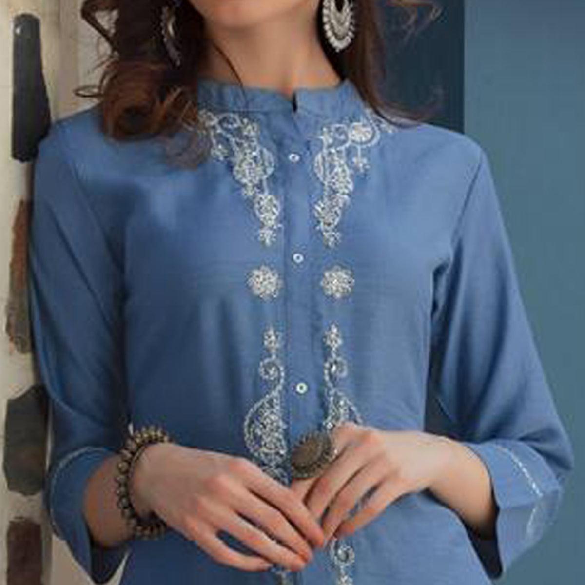 Blue Embroidered Poly Cotton Kurti - Peachmode