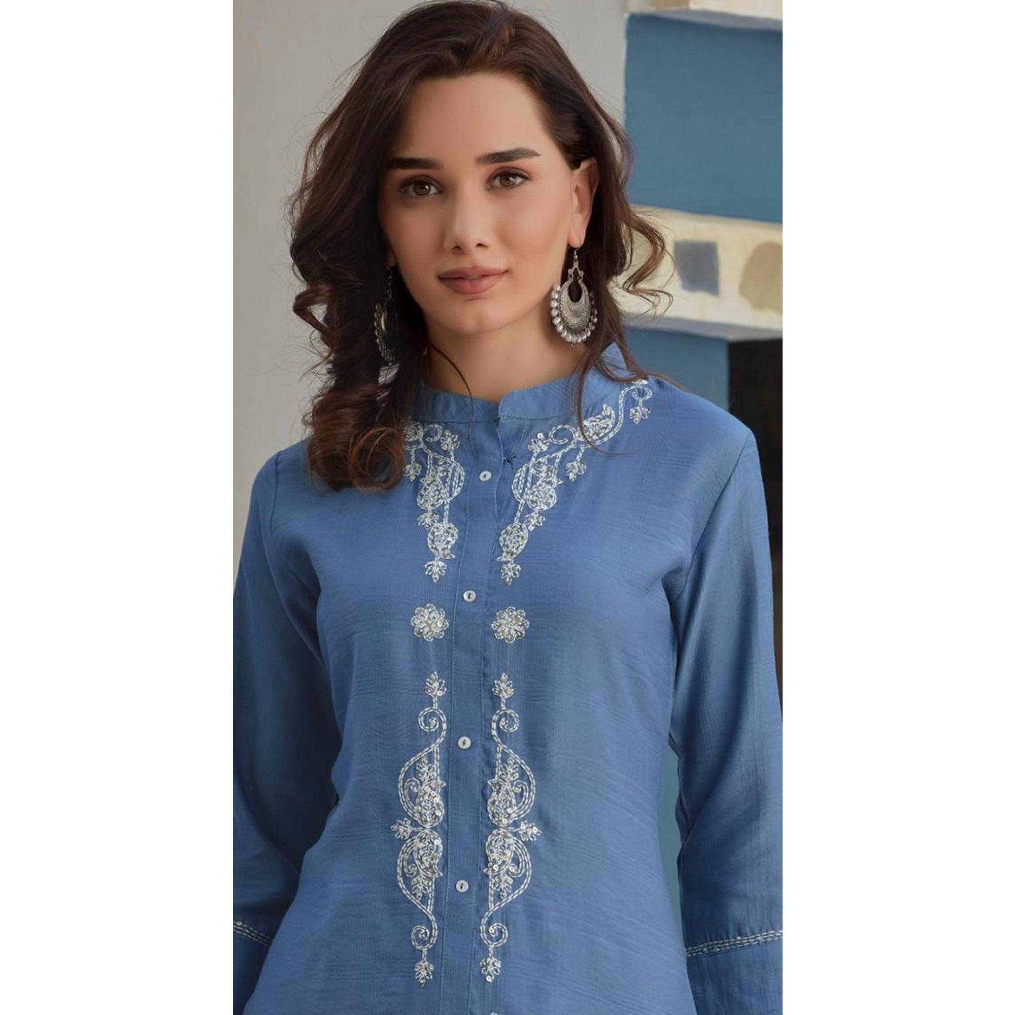 Blue Embroidered Poly Cotton Kurti - Peachmode