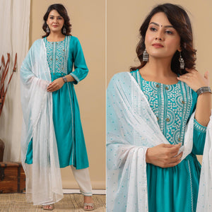 Blue Embroidered Pure Cotton Anarkali Suit - Peachmode