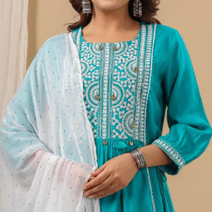 Blue Embroidered Pure Cotton Anarkali Suit - Peachmode