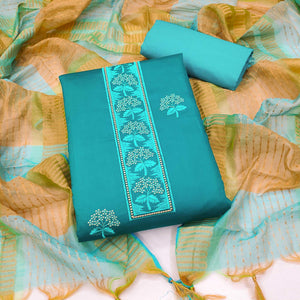 Blue Embroidered Pure Cotton Dress Material - Peachmode