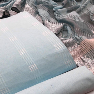 Blue Embroidered Pure Cotton Dress Material - Peachmode