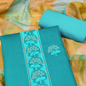 Blue Embroidered Pure Cotton Dress Material - Peachmode