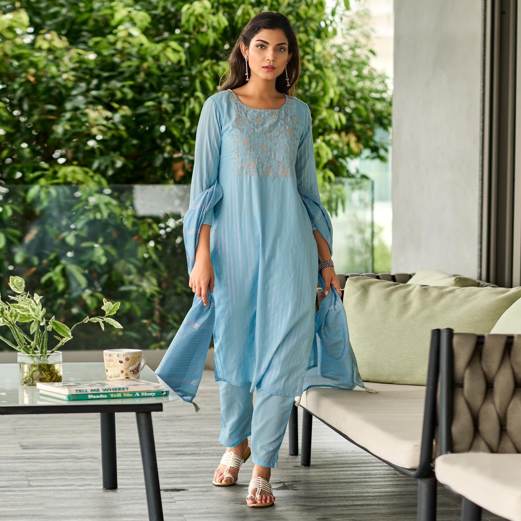 Blue Embroidered Pure Cotton Kurti Pant Set With Dupatta - Peachmode