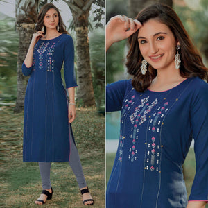 Blue Embroidered Pure Cotton Kurti - Peachmode