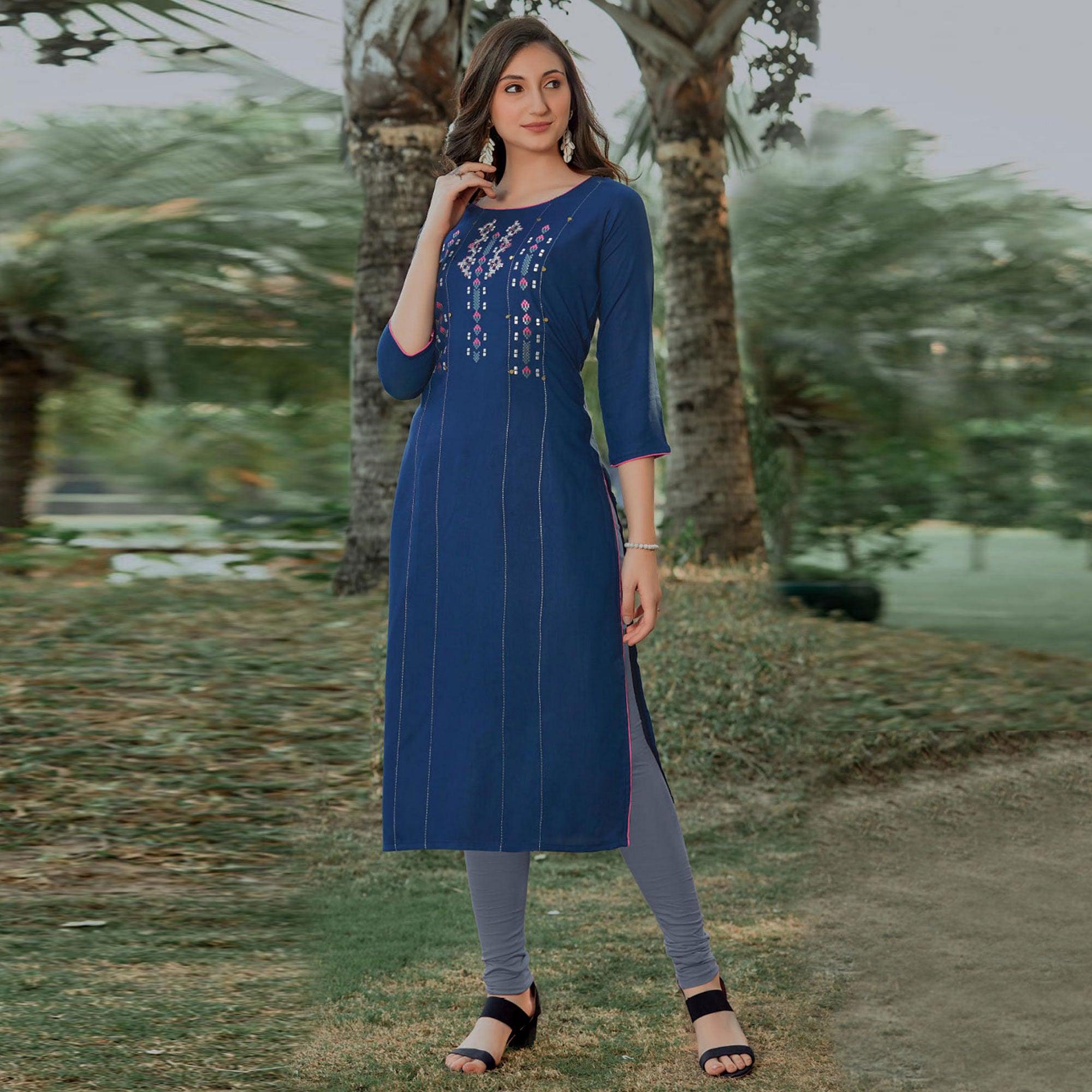 Blue Embroidered Pure Cotton Kurti - Peachmode